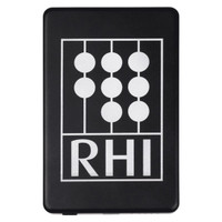 A slim black power bank with a white logo design on the front, featuring rounded shapes and the letters "RHI".
