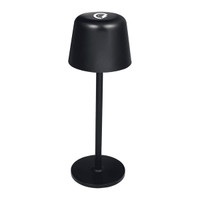 A black recycled mini rechargeable lamp with a conical shade and a circular base, featuring a logo.