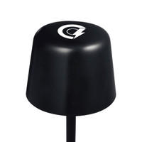 A black mini rechargeable lamp with a rounded top and a logo on the front. The lamp has a slender base.