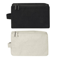 A black and grey toiletry organiser featuring a zip closure and a handle, with a logo on one side.