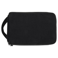 A black toiletry organiser with a zip closure and a carrying handle. It features a branding logo.