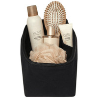 A black toiletry organiser filled with a body wash, lotion, hairbrush, and a loofah. It features a logo.