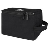 A black toiletry organiser with a zip closure and a side handle, featuring a logo on the front.