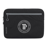 A black laptop sleeve featuring a grey zipper and a circular logo in the centre.