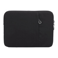 A black laptop sleeve with a zippered pocket, featuring a subtle texture and a branding logo.