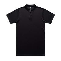 A black polo shirt featuring a collar and buttons, with a logo on the front. Suitable for workwear.