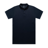 A dark navy polo shirt with a collar and three buttons. It features a logo on the fabric.