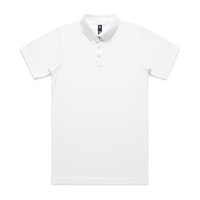 A white polo shirt with a collar and buttons, featuring a logo on the chest. Suitable for workwear.