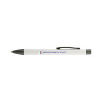 A white pen with a black tip and clip, featuring a logo on its side.