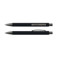 A black pen with a rubber grip and metal accents, featuring a cap and clip design.