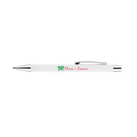 A metal pen in white with a silver clip and a logo printed on the barrel.