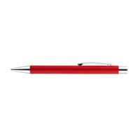 A red aluminium pen with a silver clip and trim, featuring a logo.