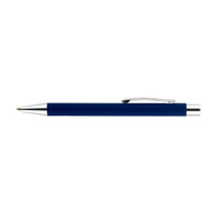 A navy blue aluminium pen with a silver clip and accents, featuring a logo on the barrel.