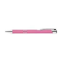 A pink metal pen with a shiny silver clip and accents, featuring a branding logo.