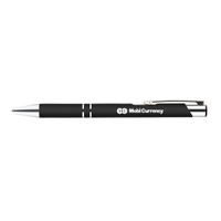 A metal pen featuring a sleek black design with silver accents and the logo "MobiCurrency" printed on its side.