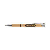 A pen featuring a brown paper barrel and silver accents, with a logo on the side.
