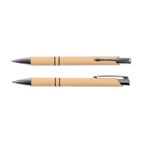A set of two beige paper pens with silver accents, featuring a sleek design and a logo.