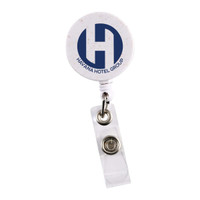 A retractable badge holder in white with a circular top featuring a logo and a clear strap for attachment.