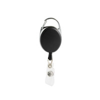 A Premium Retractable ID Badge Holder featuring a black circular reel with a silver clip and a clear badge attachment.