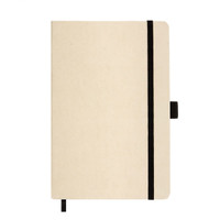A beige A5 notebook with a black elastic band and ribbon bookmark, featuring a logo on the cover.