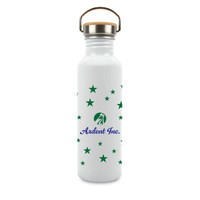 A drink bottle in white featuring a green logo and star pattern, topped with a wooden cap and metal handle.