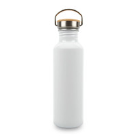 A drink bottle in white with a stainless steel lid and wooden loop. It features a logo on the surface.
