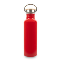 A drink bottle in a vibrant red finish with a stainless steel lid and a wooden handle. It features a logo.