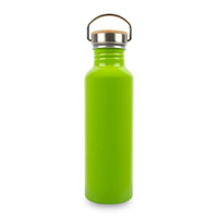 A drink bottle made of recycled aluminium in bright green with a stainless steel cap and bamboo accent.