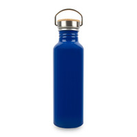 A drink bottle made of recycled aluminium in a bright blue colour, featuring a stainless steel lid and a wooden handle.
