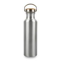 A drink bottle made of recycled aluminium, featuring a silver finish and a wooden cap. It includes a branding logo.