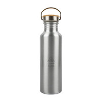 A drink bottle made of recycled aluminum with a cork stopper and a metal handle, featuring the logo "CAMP COVE."