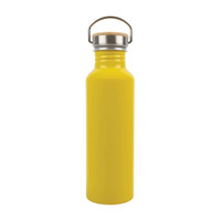 A drink bottle made of recycled aluminium, featuring a vibrant yellow finish and a metal lid with a cork accent.