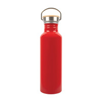 A drink bottle made from recycled aluminum, featuring a vibrant red finish and a cork lid with a metal handle.