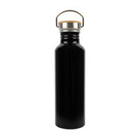 A drink bottle made of recycled aluminum, featuring a black finish and a metal handle with a cork top.