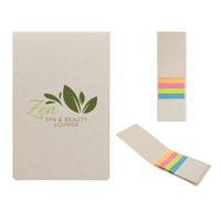 A tan sticky note pad with a logo, featuring colorful sticky flags in pink, orange, yellow, and green.
