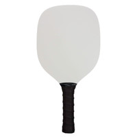 A pickleball paddle with a solid white surface and a textured black handle.
