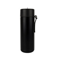 A drink bottle in matte black finish with a screw-top lid and a carrying strap, featuring a logo.