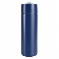 A drink bottle in navy blue with a sleek, stainless steel design and a logo on the surface.