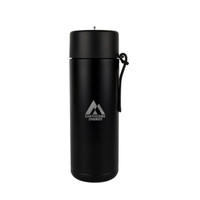 A drink bottle in matte black with a carry strap and a logo. Suitable for holding 600ml of liquid.