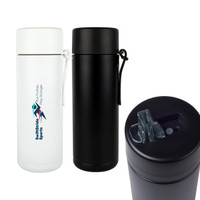 A drink bottle in black and white, featuring a logo, with a flip-top lid for easy access.