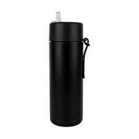 A drink bottle in a sleek black finish with a silver lid and a carrying strap. It features a logo.