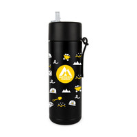 A drink bottle featuring a black design with yellow and white illustrations, and a logo on the front.