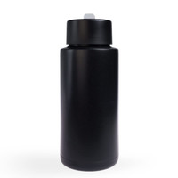A drink bottle in matte black finish with a sturdy design and a cap, featuring a logo on its surface.