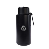 A drink bottle in matte black, featuring a logo, with a screw-on lid and a strap.