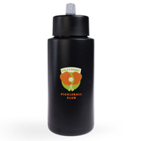 A drink bottle in black with a silver cap and a logo featuring a pickleball design.