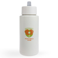 A drink bottle in white featuring a logo and graphics related to a pickleball club.