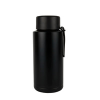A drink bottle in matte black stainless steel with a lid and a strap. It has a minimalist design and a logo.