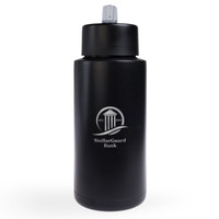 A drink bottle in black, featuring a screw-top lid and a logo on the front. Designed for easy hydration.