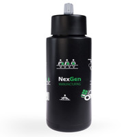 A drink bottle featuring a sleek black design with white graphics and a silver cap, labeled with "NexGen Manufacturing."