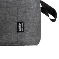 A gray cooler bag with a textured surface and a small logo tag, featuring a black handle.